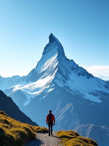 Ein Wanderer blickt auf das Matterhorn.