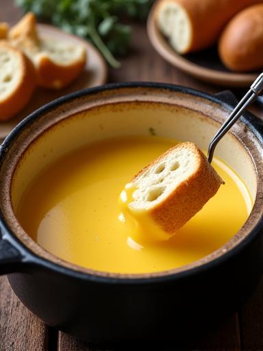 Ein traditionelles Schweizer Käsefondue in einem rustikalen Topf.
