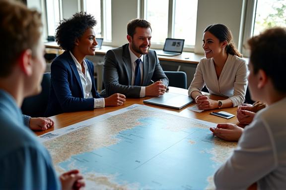 Das Team von Mebazz Travels bei der Planung einer Reiseroute über einer Landkarte.